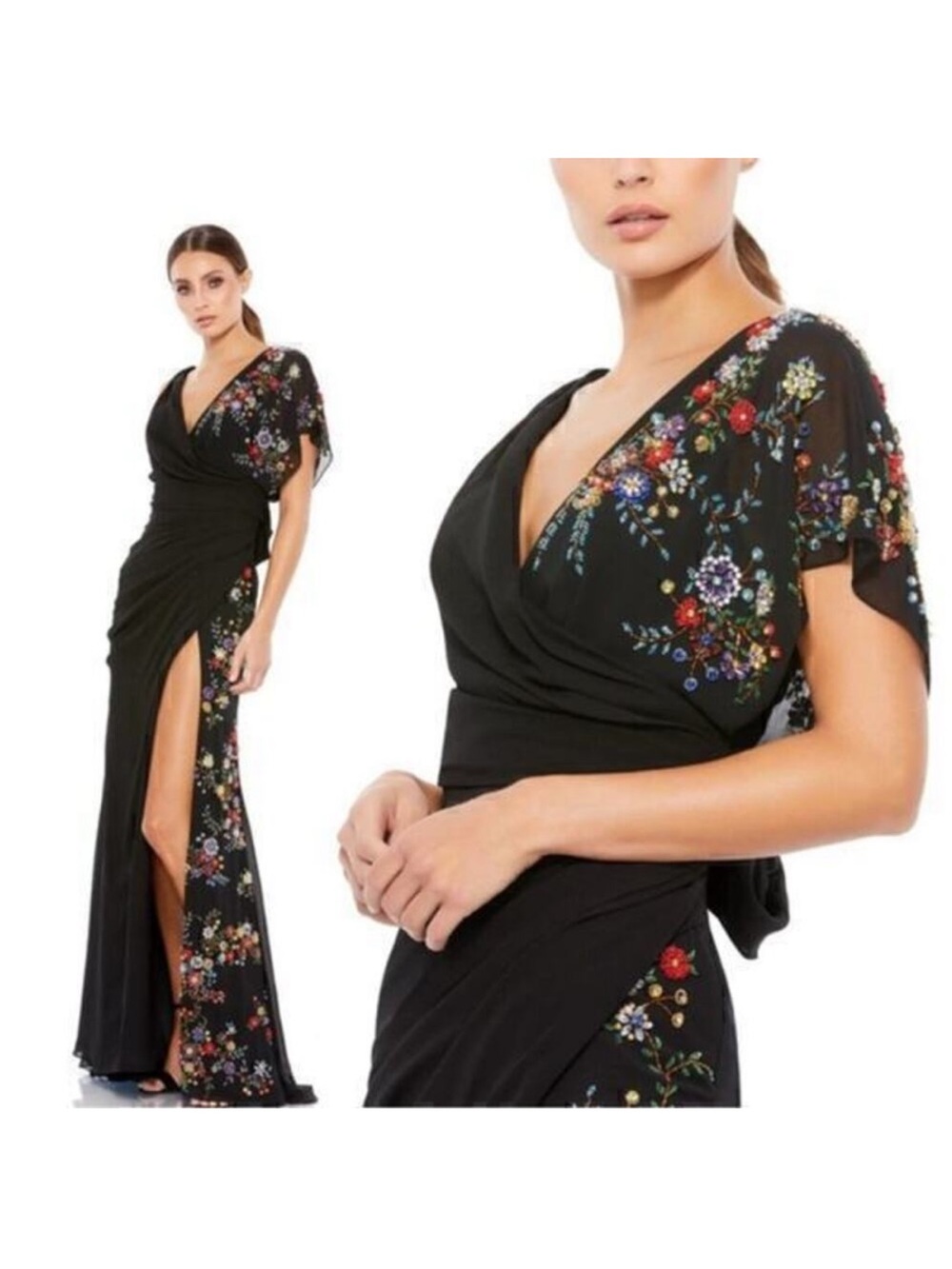 Mac Duggal Black Embroidered V-Neck Gown with Floral Accents